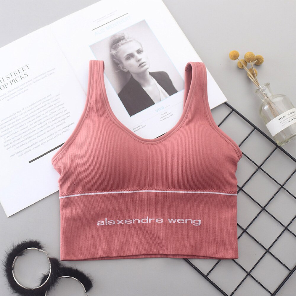 Summer Seamless Sports Bra Letter U-Shape Back Beauty Tank Tops Women Shockproof Athletic Wirefree Fitness Top: pink