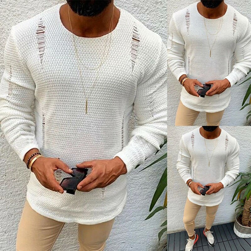Efterår mænd revet sweater bomuld blød han vinter varm strik tøj afslappet sej pullover o-hals langærmet herre trøje