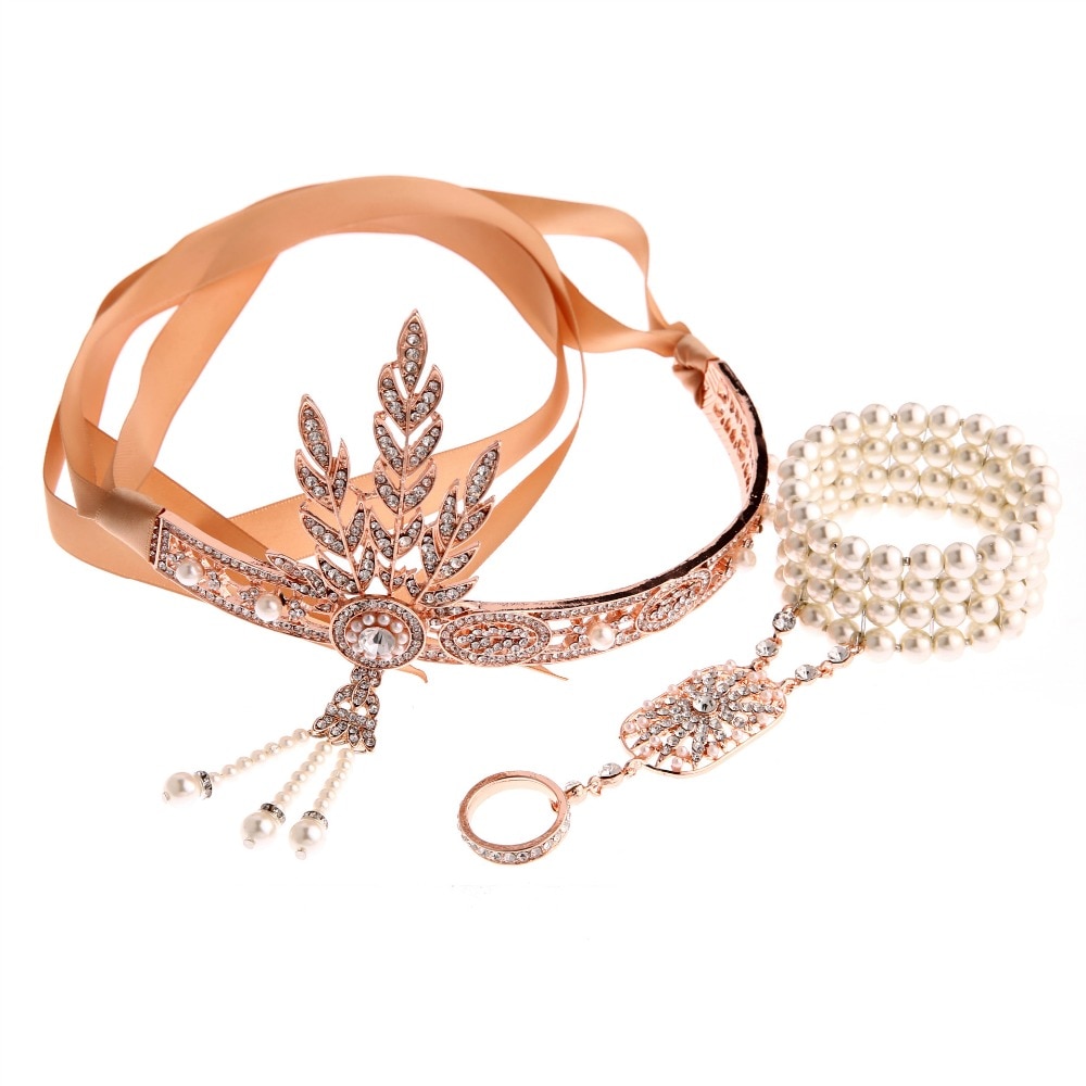 1920s Great Gatsby Party Costume Accessories Set 20s Flapper Art Deco Headband Pearl Bracelet Ring Hand Accessories 2 Pcs Set