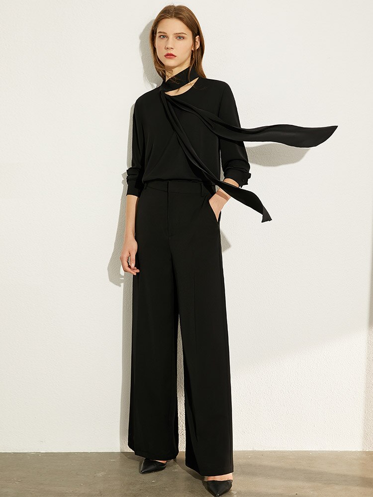 Amii-Blusa holgada informal con cuello redondo para otoño, Camisa lisa con cinturón para mujer, 12030268