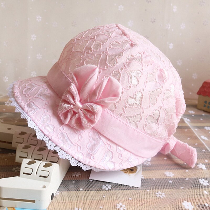 Spring summer cute baby princess hat with lace solid color lace baby child girl kids mesh bowl cap girl sun hat: pink