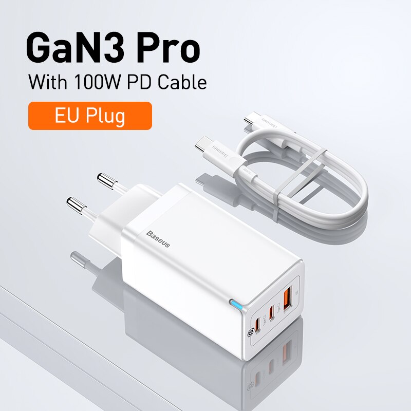 Baseus 65W Gan Derde Generatie Gan Charger Met Drie Poorten (Inclusief 100W Datakabel) CCGAN65C3 Ondersteuning Qc/PD3.0 Mini Draagbare: GaN3 Pro White