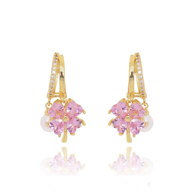 Boucles d'oreilles Germanium magnétothérapie lymphatique pour la perte de poids, cristal violet, fleur à quatre feuilles, perle, nouvel accessoire d'oreille de luxe léger: Rose