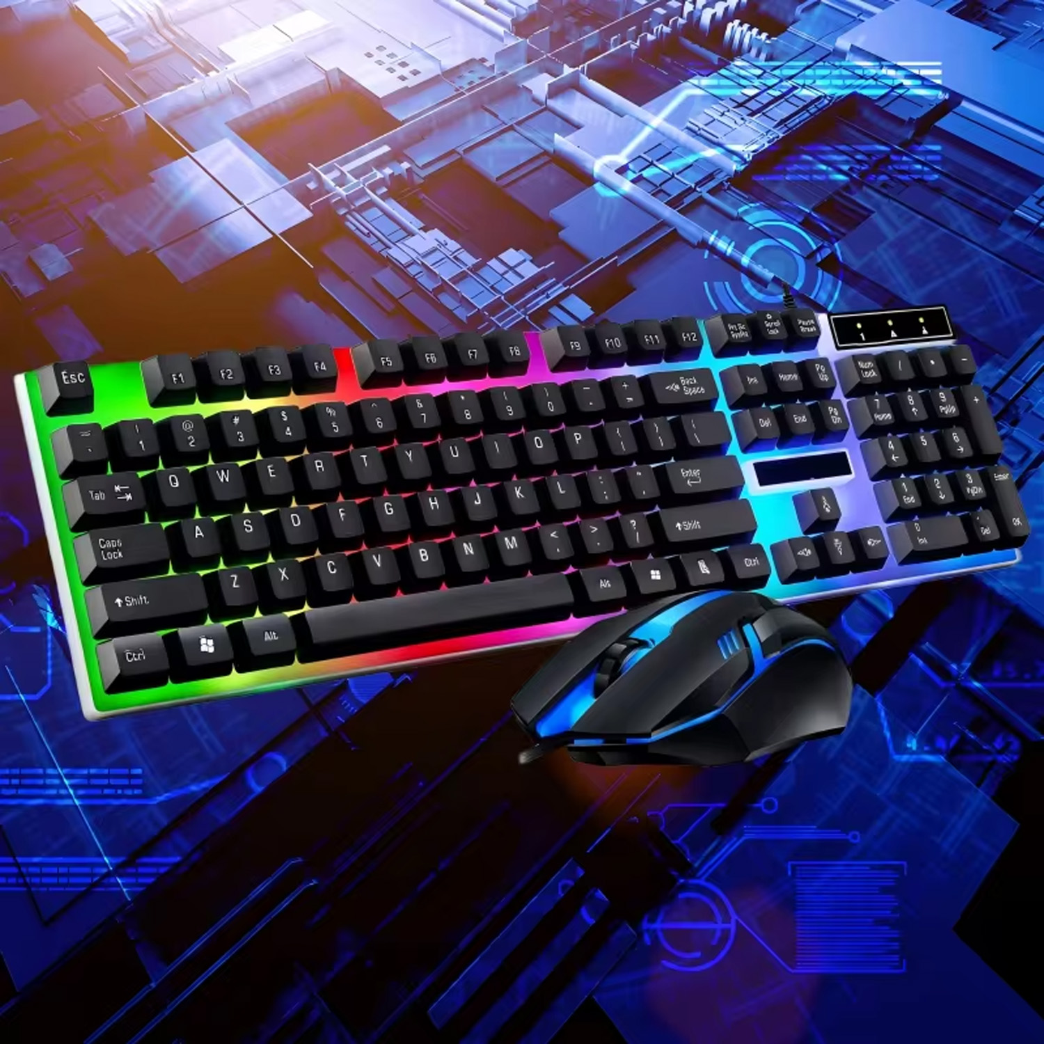 Gamer-Tastatur und Maus, PC-Gaming-Tastatur, RGB-Tastatur mit Hintergrundbeleuchtung, Gummi-Tastenkappen, kabelgebundene englische Tastatur, Maus, Gamer-Gaming-Maus: Silber