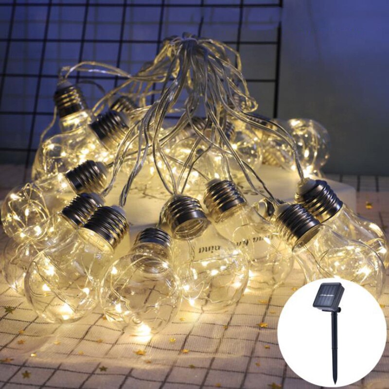 Guirlande lumineuse solaire à 10/20 led, style rétro, transparente, avec crochet, boule, étanche, décoration de jardin et de mariage