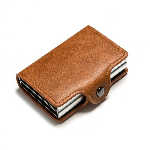 Rfid Blocking Bescherming Leather Wallet Id Credit Card Houder Met 2 Metalen Aluminium Business Bank Card Case Voor 14 Kaarten: Brown