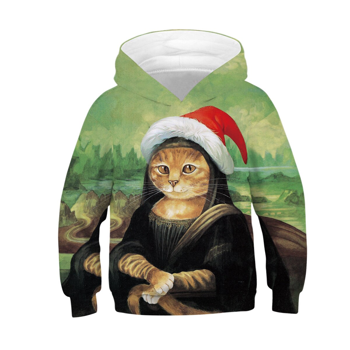 Suéter con capucha para niños, suéter con estampado Digital de gato de Navidad, ropa deportiva informal de manga larga, Otoño/Invierno,: Mona Lisa cat / 135cm-140cm