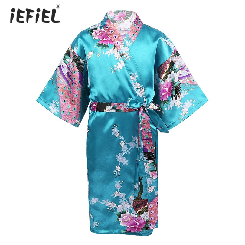 Barn flickor påfågel blomma tryckt satin kimono dräkt kors omlott v-ringad dräkter morgonrock nattlinne sovkläder för spa fest födelsedag
