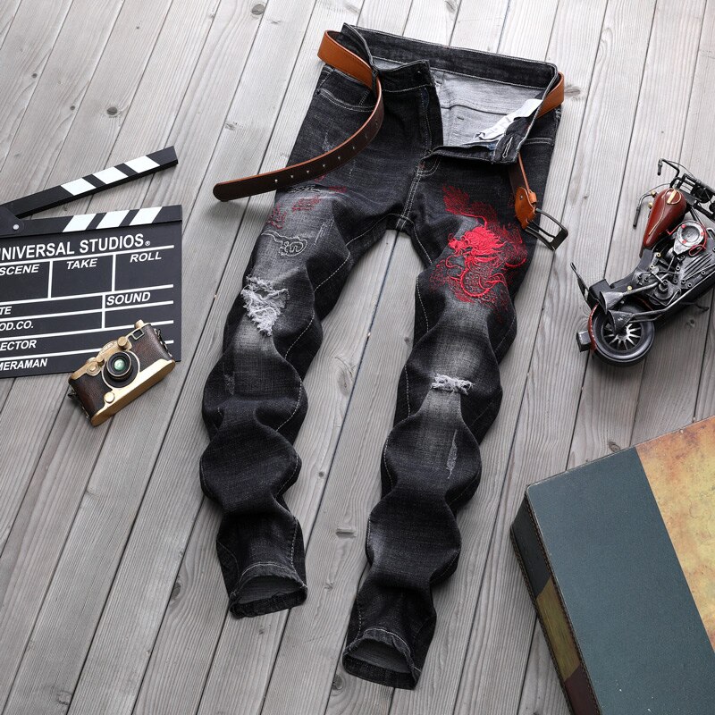 Pantalones vaqueros ajustados con bordado de dragón para hombre, Jeans rasgados a la , ropa de calle, Jeans desgastados lavados con agujeros, color negro