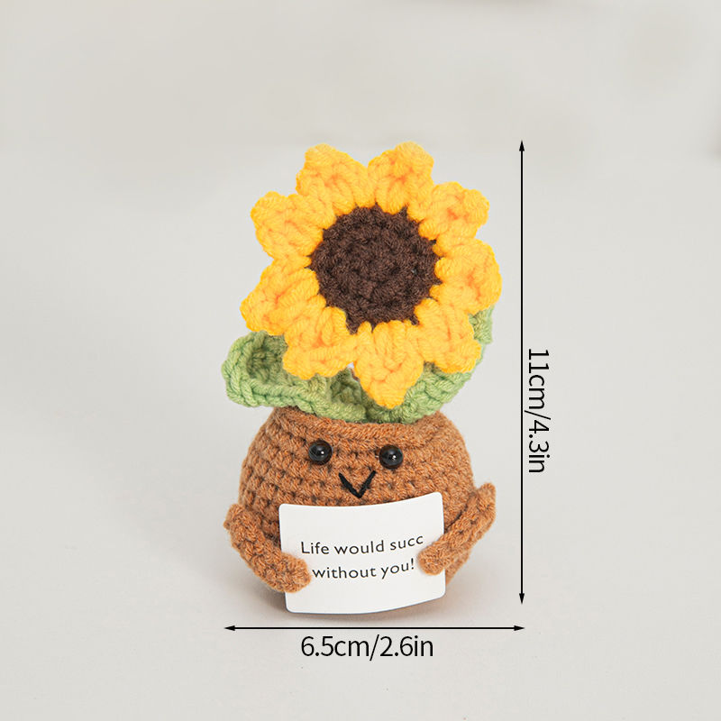 Flor de ganchillo hecha a mano, adorno de lana tejido en maceta de girasol, decoración divertida para aliviar el estrés con tarjeta positiva: Azul oscuro