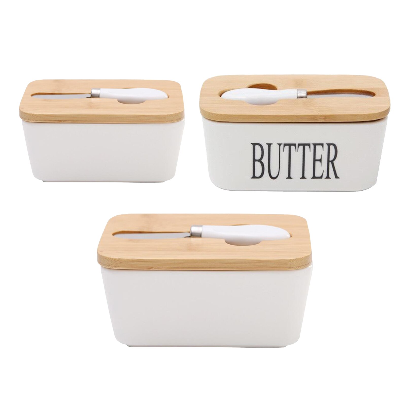 Butter Dish Ceramic Butter Container Keeper with Wooden Lid and Steel Knife, Eay to Clean, 2 Sizes Available to Choose