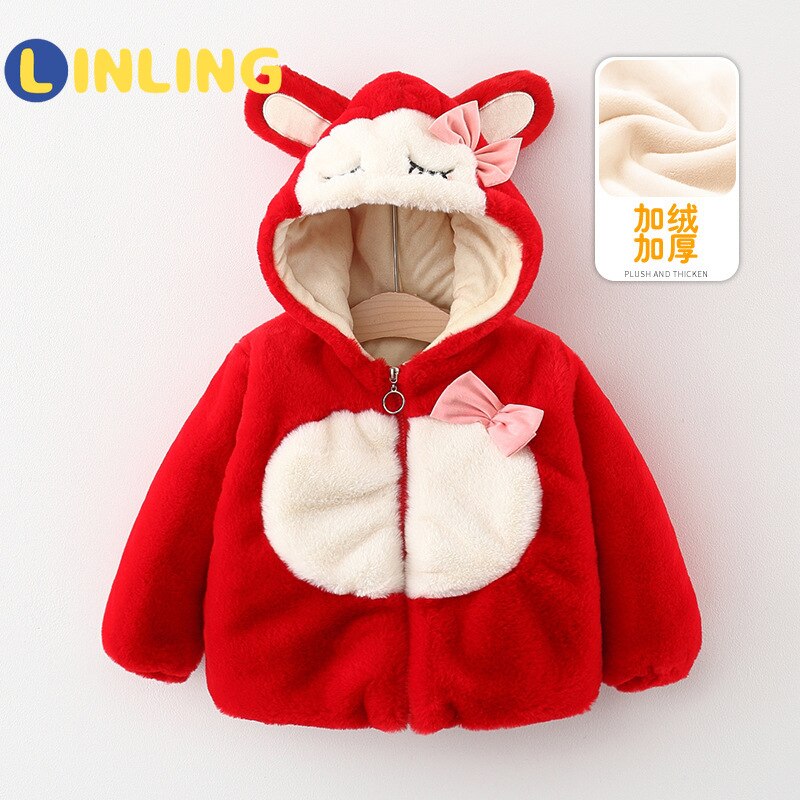 Linling Dikke Baby Jas Peuter Meisje Leuke Hooded Cartoon 3D Oor Wollen Trui Beer Scheel Rits Vest Kinderen Jas p610