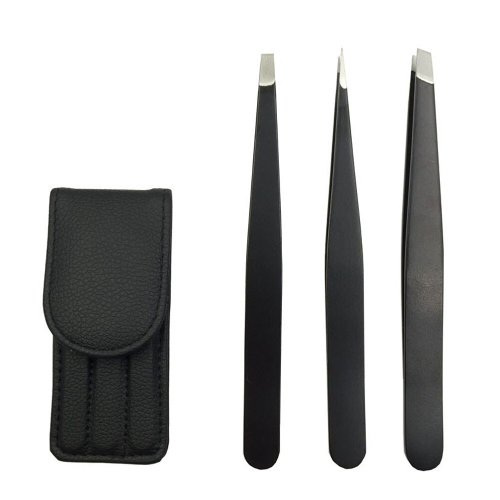3pcs Splinter Ingrown Hair With Case Makeup Tweezer Set Tool Tip Travel Small Eyebrow Removal Stainless Steel: Black