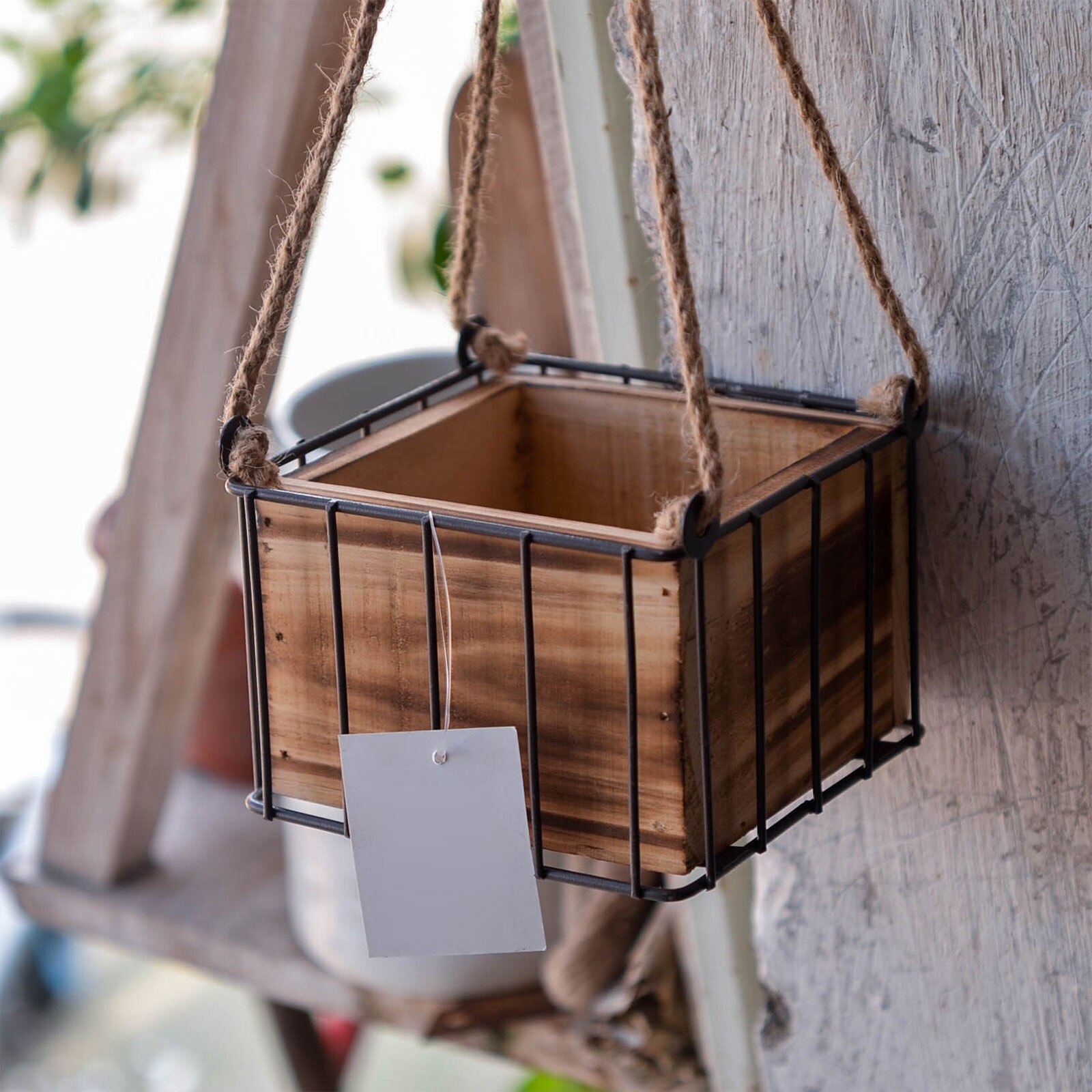 Wire Flower Stand Flower Pot Plant Holder Flower Rack Flower Basket Wooden Jute Rope Waterproof 12*12*8CM Hanging Flower Stand