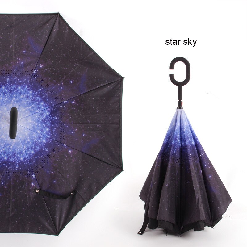 Paraguas plegable inverso resistente al viento, paraguas para hombre y mujer para lluvia y sol, paraguas con mango en C invertido, soporte autónomo para Anti UV de doble capa: star sky