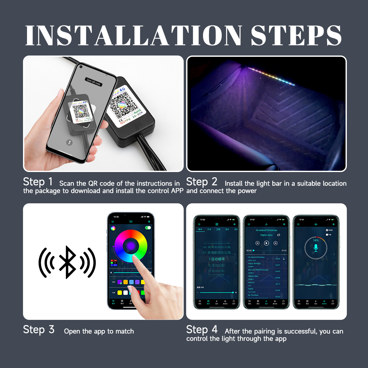 Luz LED Interior 4 en 1 de 5V-12V RGB, lámpara LED para coche, luz para pie, decoraciones para coche, control por aplicación, luz de ambiente de ritmo dinámico