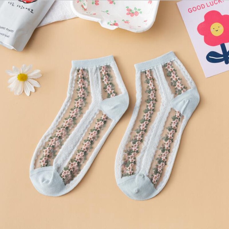 Spring and Summer Japan Style Small Flower Card Silk Retro Female Socks Glass Silk Broken Flower Mid- Tube Casual Sox: Light Blue