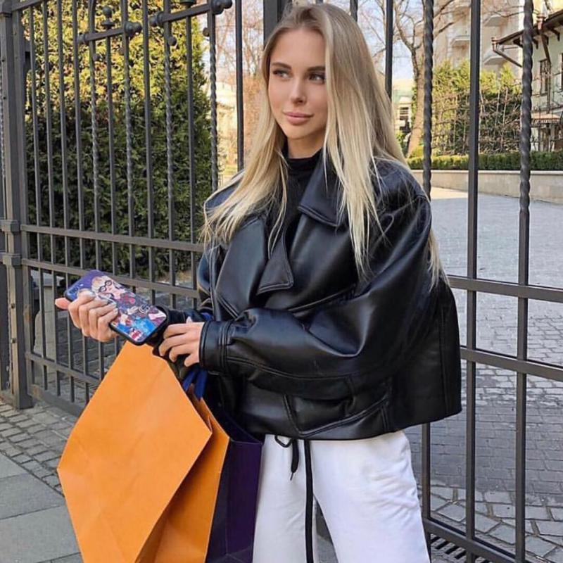 Chaqueta de cuero sintético para mujer, abrigo rojo y blanco con cuello vuelto, ropa de calle holgada, prendas de vestir exteriores, Primavera, 2022