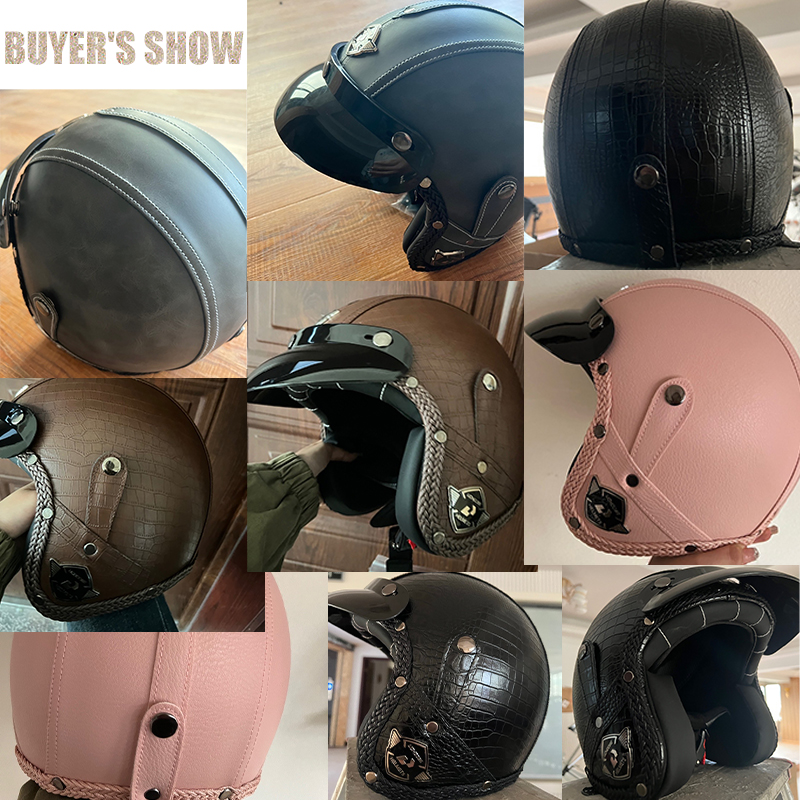 UCHOOSE retro Motorradhelm PU Leder offen Gesicht 3/4 Zerhacker Fahrradhelme klassisch Casco Moto Jahrgang
