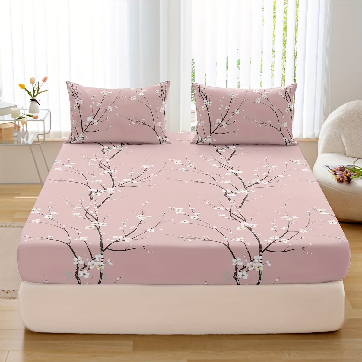Juego de sábanas ajustadas con estampado de 3 piezas, (1 sábana bajera + 2 fundas de almohada, sin núcleo): Estados Unidos-Rey / Rosa