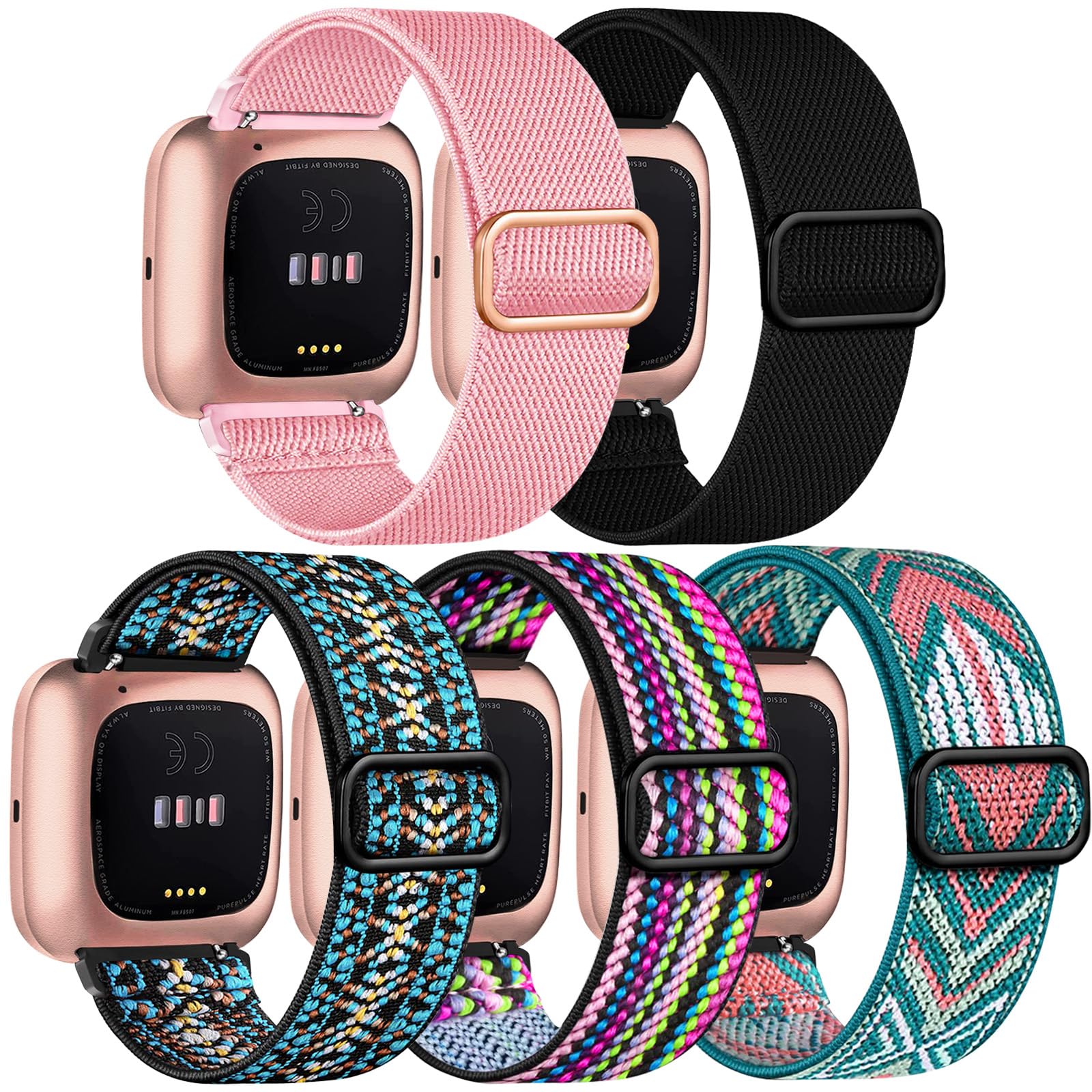 5 -pakning med rem til fitbit versa 2 1 versa lite-rem, justerbar elastisk vevd nylonløkke, sportsklokkerem, fitbit føle-rem: rose måke