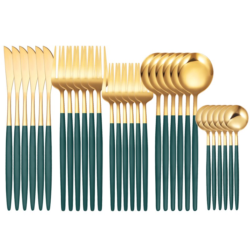 30Pcs White Gold Dinnerware Set Stainless Steel Knife Fork Spoon Cutlery Set Kitchen Tableware Set Flatware Set: 30Pcs Green Gold