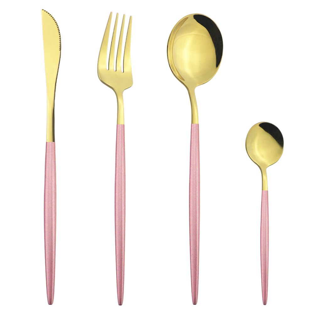 Schwarz Silber Besteck Set Abendessen Messer Dessert Gabel Löffel Stäbchen Geschirr Set Edelstahl Besteck Küche Geschirr: 4Pcs Pink Gold