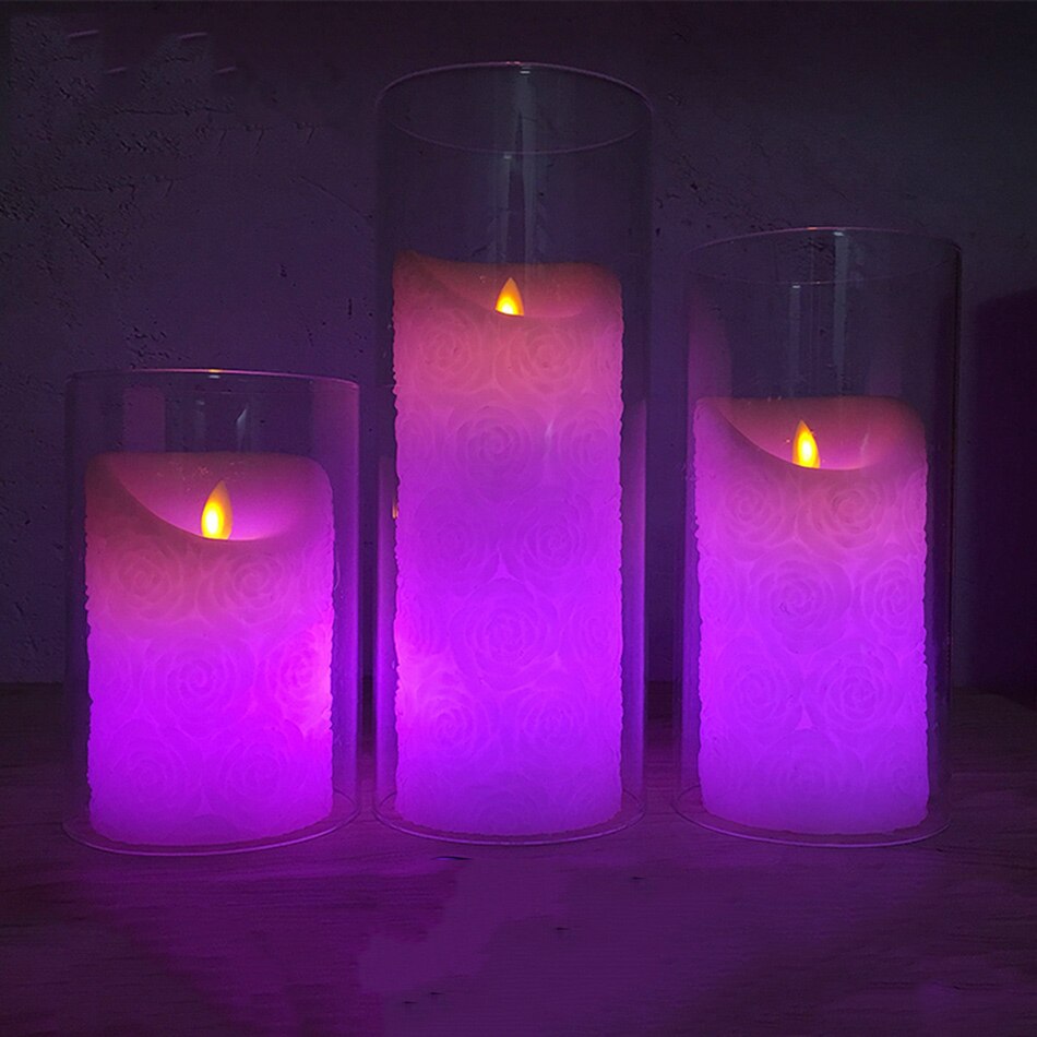 Remote wax rose embossed RGB pillar led candle, flameless rose wedding candle decoration,Christmas Year decoration for home
