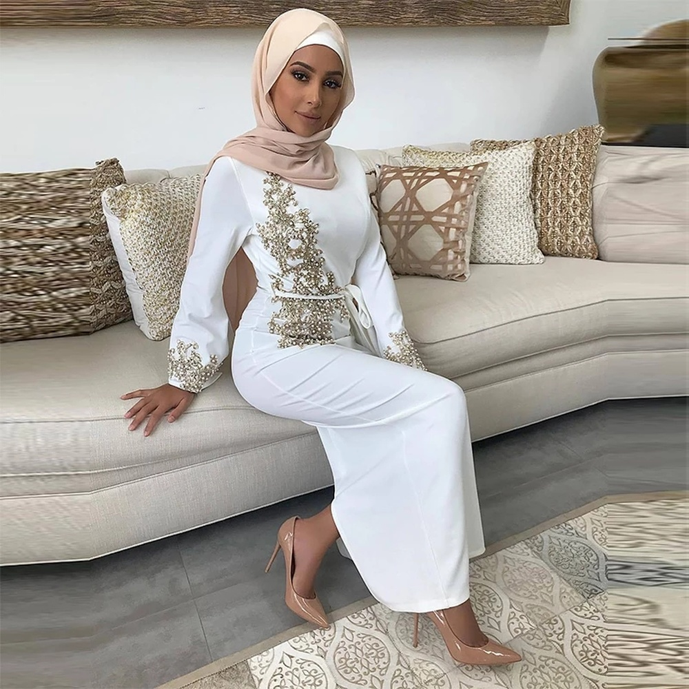 Abaya-Robe musulmane en dentelle perlée pour femme, caftan de Dubaï et de Turquie, vêtements islamiques, 2023: XXL / WHITE