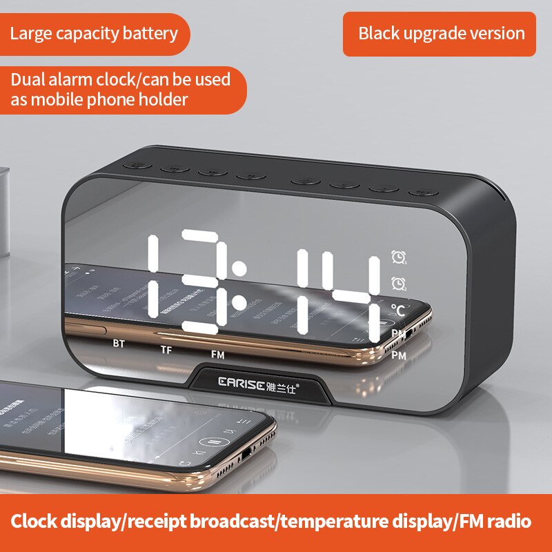 Multifunction Digital Clock Bluetooth Speaker With FM Radio Wireless Subwoofer Music Player Dual Alarm Clock LED Mirror Clocks: black