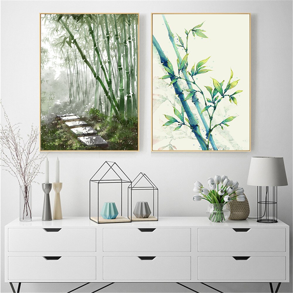 Affiche d'art mural chinois bambou | Plante verte aquarelle, toile Art, tableau mural imprimé pour salon, décoration de la maison