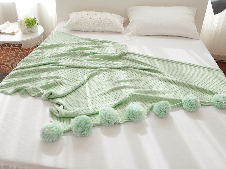 mylb Brand cotton Pom Crochet Thread Blanket 100*105 150*200cm For Babies Adults Twin Size Bed Kitted Throws Bed Runners: 3green / 105cm 100cm