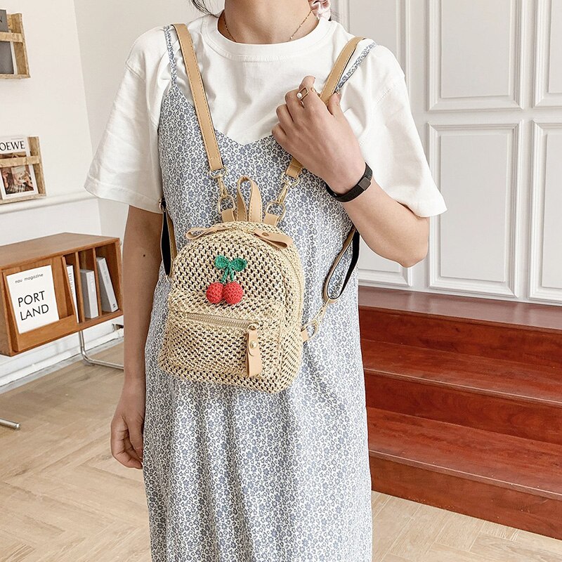 Zomer Mini Rugzak Mode Geweven Kleine Tas Mini Rugzakken Voor Meisjes Super Kleine Schattige Kleine Kers Schoolmeisje Tas