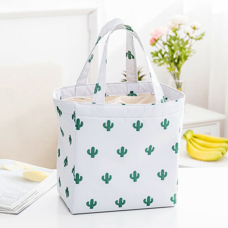 Waterproof Oxford Lunch Bag Picnic Camping Thermal Cooler Food Drink Cool Insulated Large Portable Bags For Women Kids Students: White Green Cactus