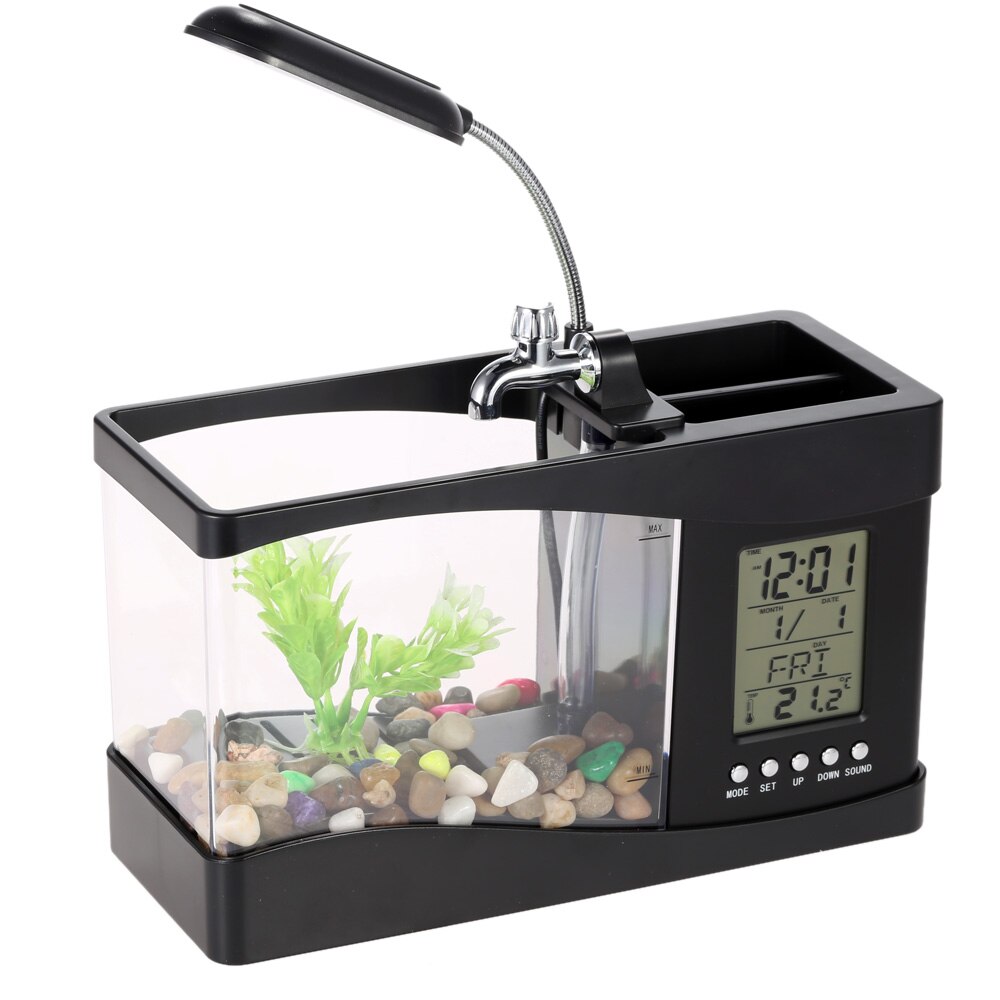 Acuario negro/blanco USB Mini acuario pecera con pantalla de visualización LCD de luz LED para lámpara y reloj acuario pecera: Black
