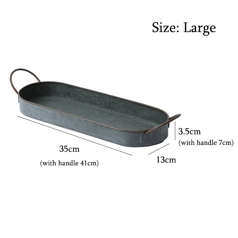 Oval Retro Distressed Metal Croissant Bread Tray Fruit Dessert Cake Sushi Plate with Handle for Home Kitchen Storage Decoration: Large
