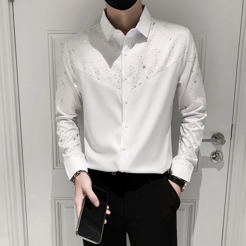 Star Printed Polka Dot Shirts Tops Men Long Sleeve Casual Male Silk Shirt Party Bar Slim Fit Floral Mens Clothing