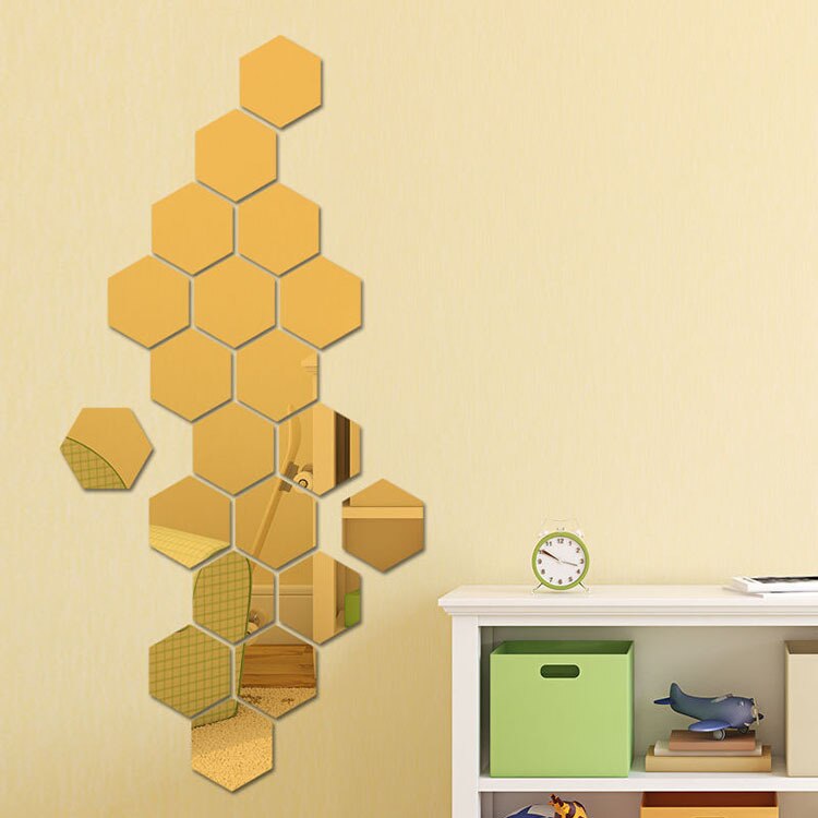 Paquet multi-pièces Hexagonal nid d'abeille miroir acrylique décoration murale accessoires de décoration pour salon papier peint: Gold / 126X110X63MM