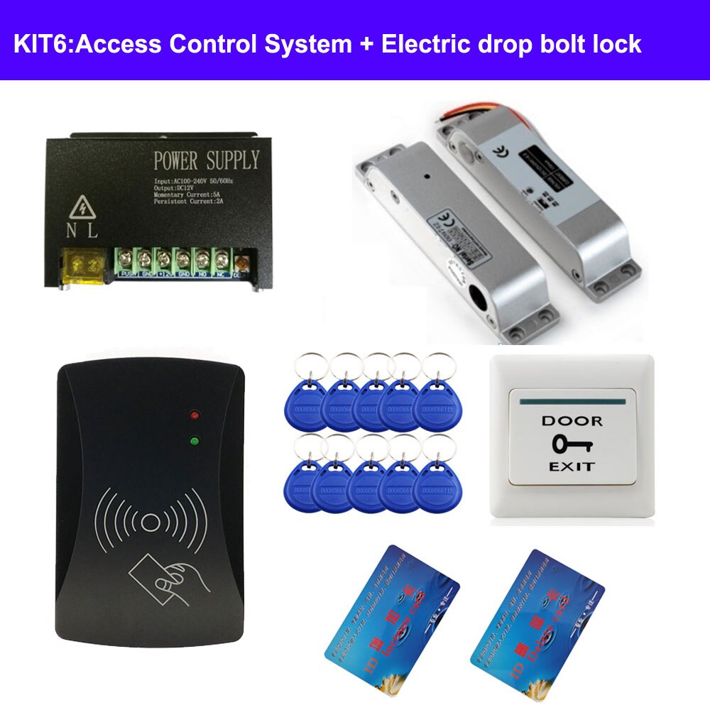 completed door access control system kit power supply+electric lock+exit button+10pcs ID key cards 2000 users IR remote switch: KIT6