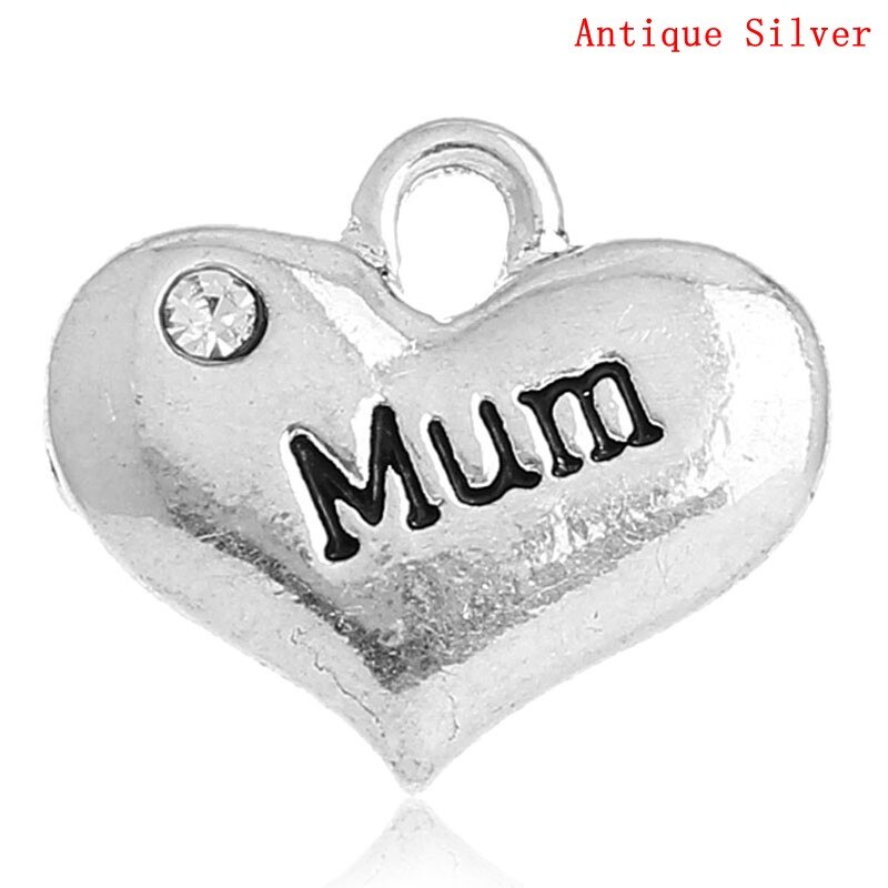 DoreenBeads Charm Pendants Heart antique silver color "Mum" Message Carved Clear Rhinestone 16x14mm,20PCs (B32655)