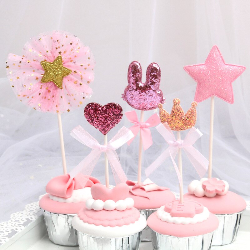 5 Stks/partij Roze Ster Hart Kroon Roze Ster Hart Bunny Kroon Verjaardag Cake Topper Cupcake Toppers Voor Meisjes Verjaardagstaart decor