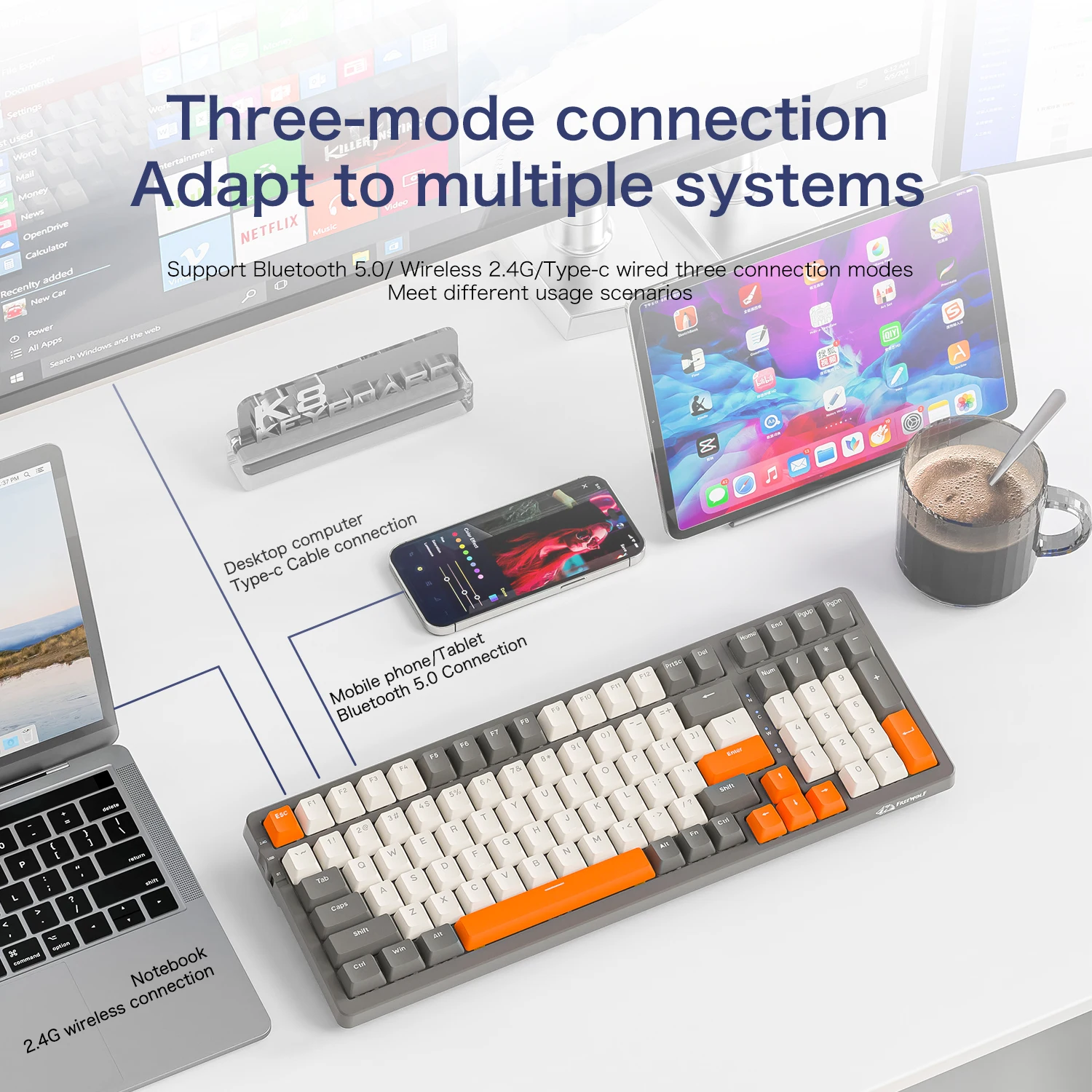 K8 100 Key Wireless Mechanical Keyboard Tri-mode Connection,Full Key Swap,lighting Effects,Gasket Muffler Structure, Laptops