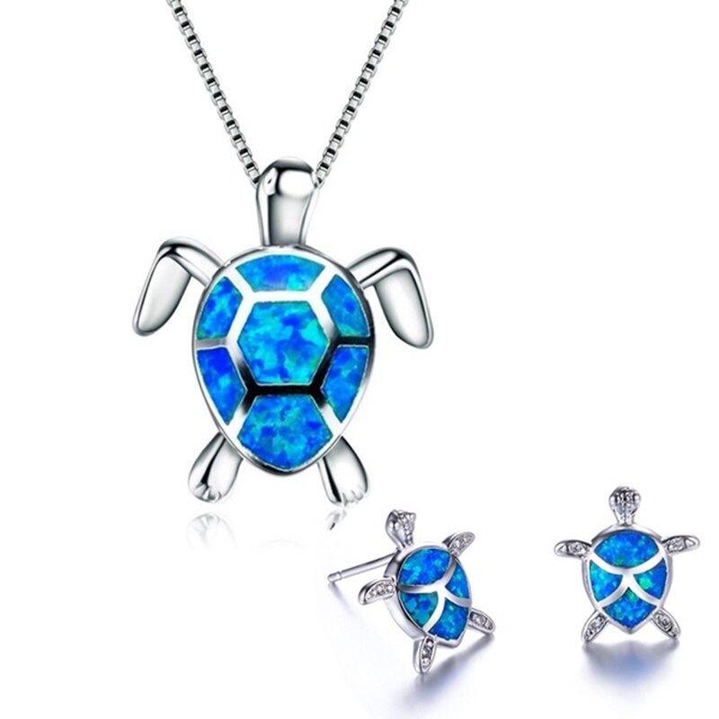 Leuke Sea Turtle Ketting Oorbellen Sieraden Sets Trendy Animal Blue Opal Stud Oorbellen Voor Meisje Vrouwen Wedding Band: Goud-kleur