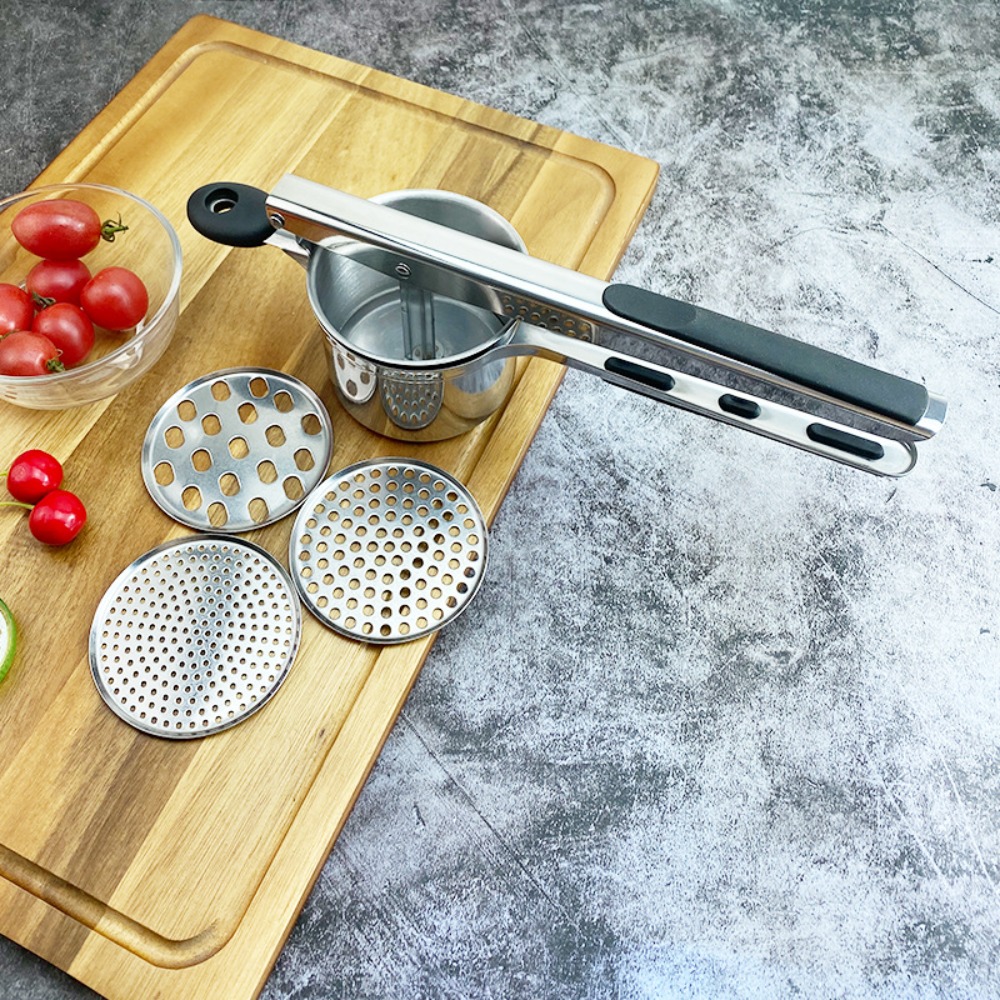 Nerezový mačkadlo na zemiaky, manuálna silikónová rukoväť, lis na zemiaky s 3 vymeniteľnými diskami, odšťavovač