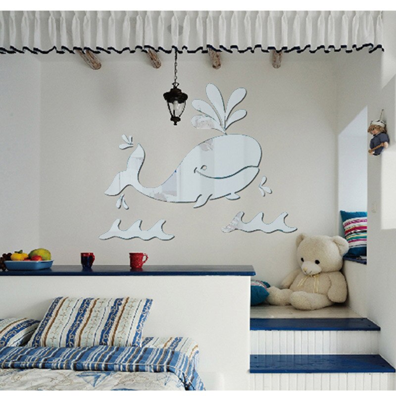 3D Acryl Spiegel Sticker Cartoon Whale Muursticker Home Slaapkamer Achtergrond Muur Kinderkamer Groene Decoratieve Sticker