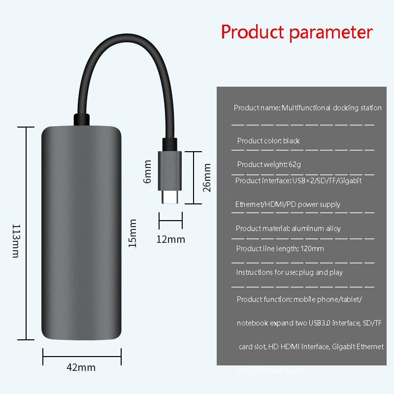 USB C Hub 7-In-1 Type C Adapter with Gigabit Ethernet,4K HDMI,PD 60W,2 USB 3.0 SD/TF Hub for MacBookPro/Air Dell Surface