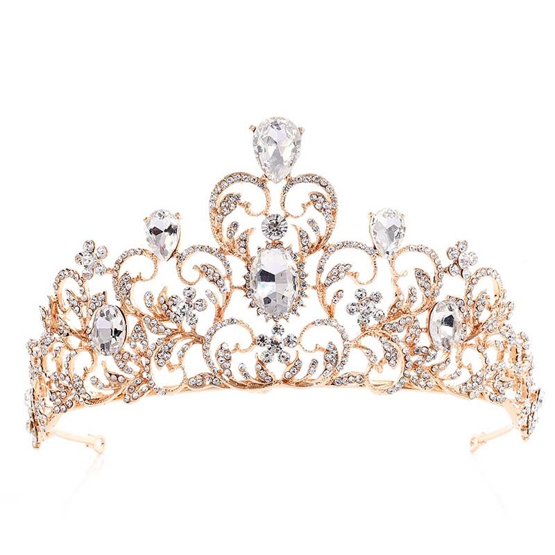 Frauen Luxus Strass Blume Tiara Braut Crown Hochzeit Braut Silber Farbe Kristall Hohl Große Krone Diadem Haar Zubehör JL: Gold