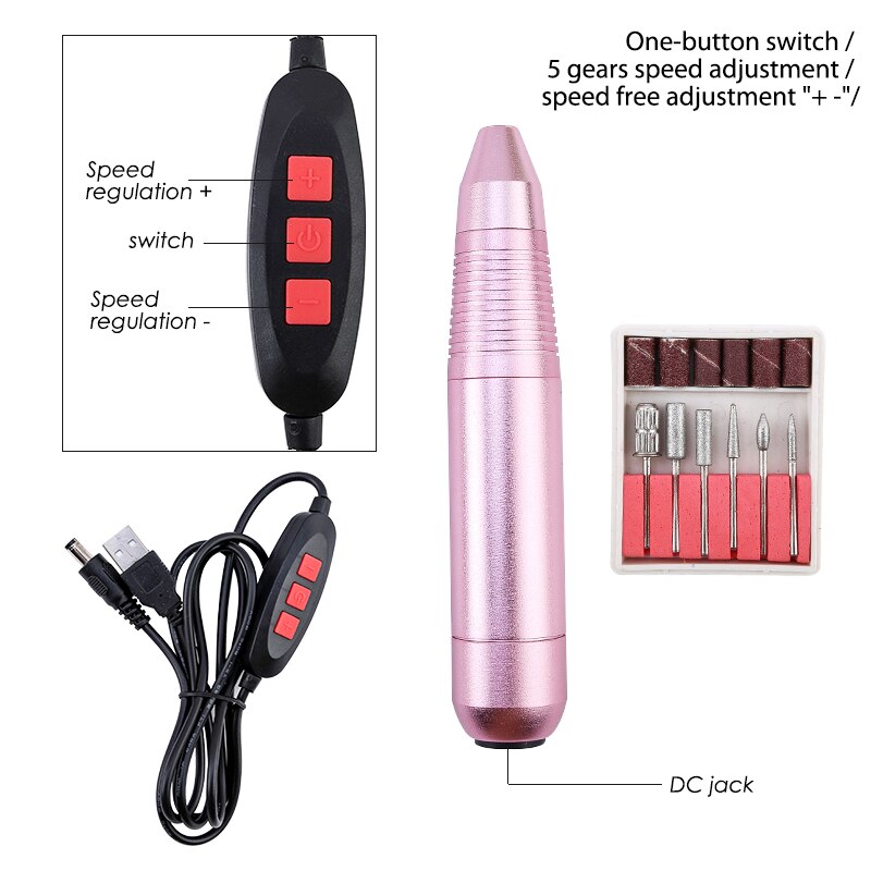 Conjunto de lixadeira elétrica de unha 20000rpm, lixadeira cerâmica usb, kit de manicure de liga de alumínio, velocidade ajustável, ferramenta para manicure