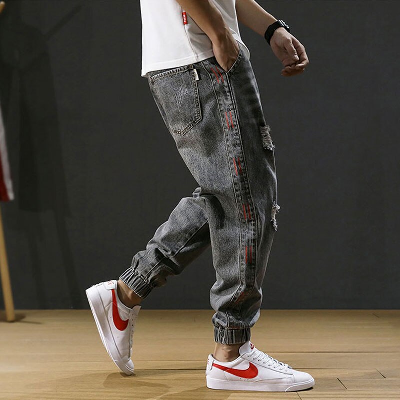 Style japonais hommes jean rayé concepteur coupe ample détruit déchiré Harem jean hommes Cargo pantalon Streetwear Hip Hop jean