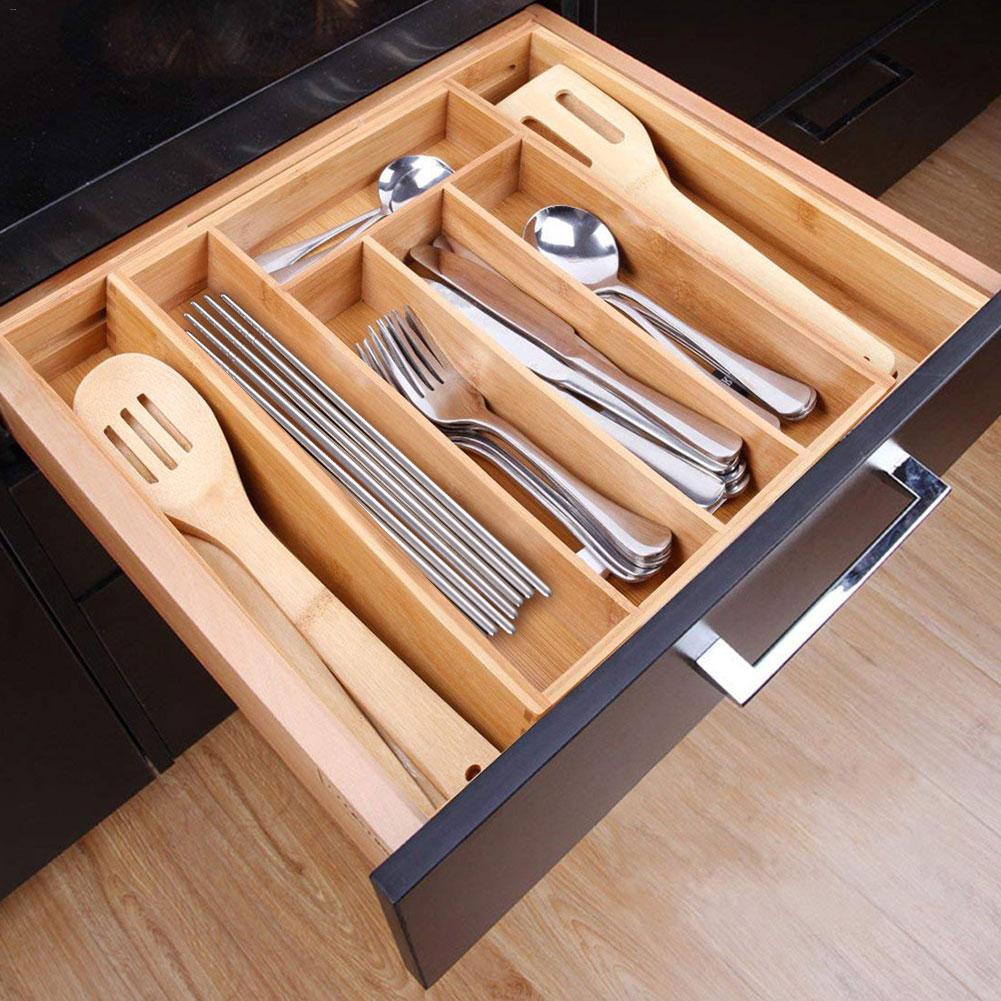 Adjustable Bamboo Drawer Kitchen Tableware Cutlery Storage Tray Box With 7 Compartments Daily Necessities Organizer Divider